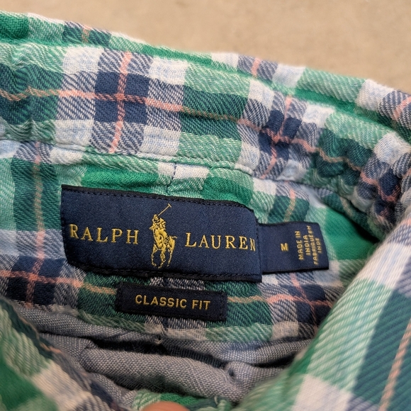 Ralph Lauren Plaid Button Down Flannel Shirt Mens M Custom Fit Green Navy - Picture 3 of 6